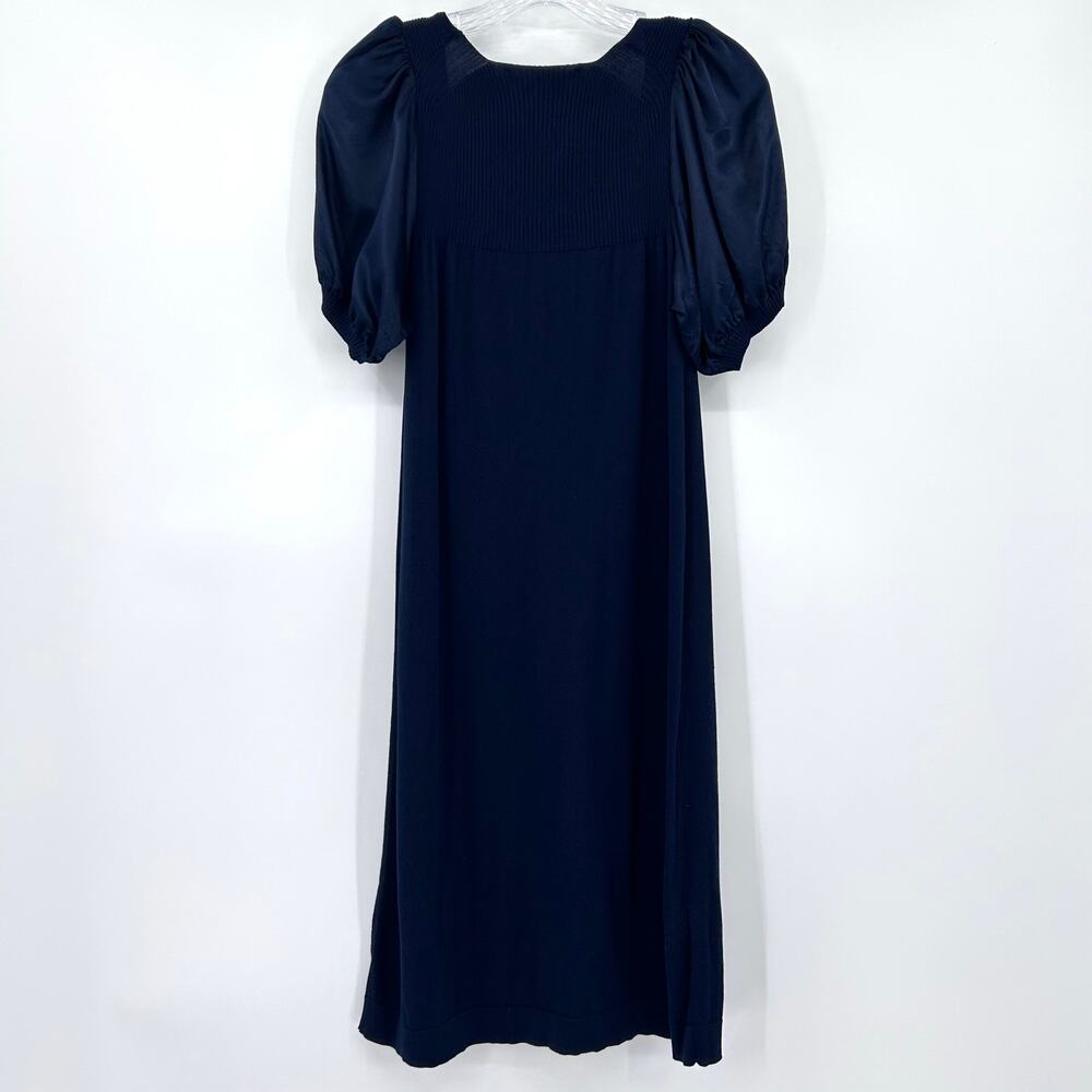 BCBGMaxAzria Silk Cashmere Blend Puff Sleeve Dress Navy Blue Shift Womens S - Picture 8 of 10